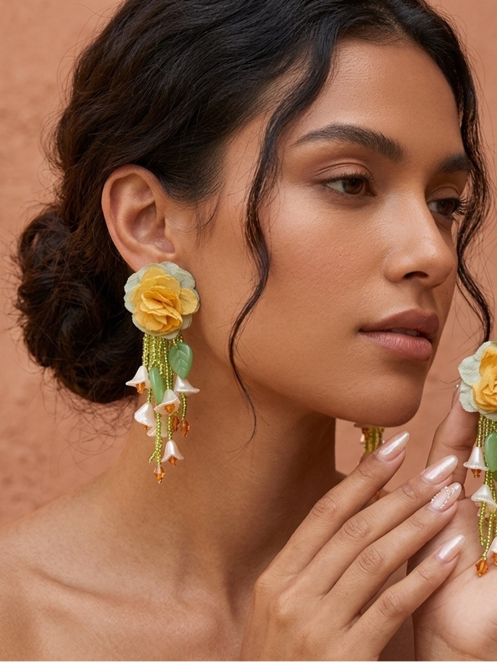 Yellow & Green Floral Drop Earrings with Beaded Tassels